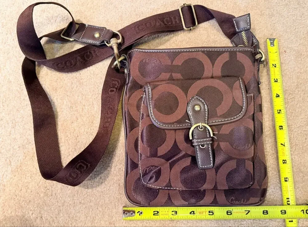 Coach Brown Signature C Monogram Nylon Jacquard Swingpack Crossbody Bag Purse